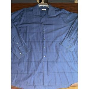 Calvin Klein Mens Blue Paid Button Up Long Sleeve Dress Shirt Size 18 Neck